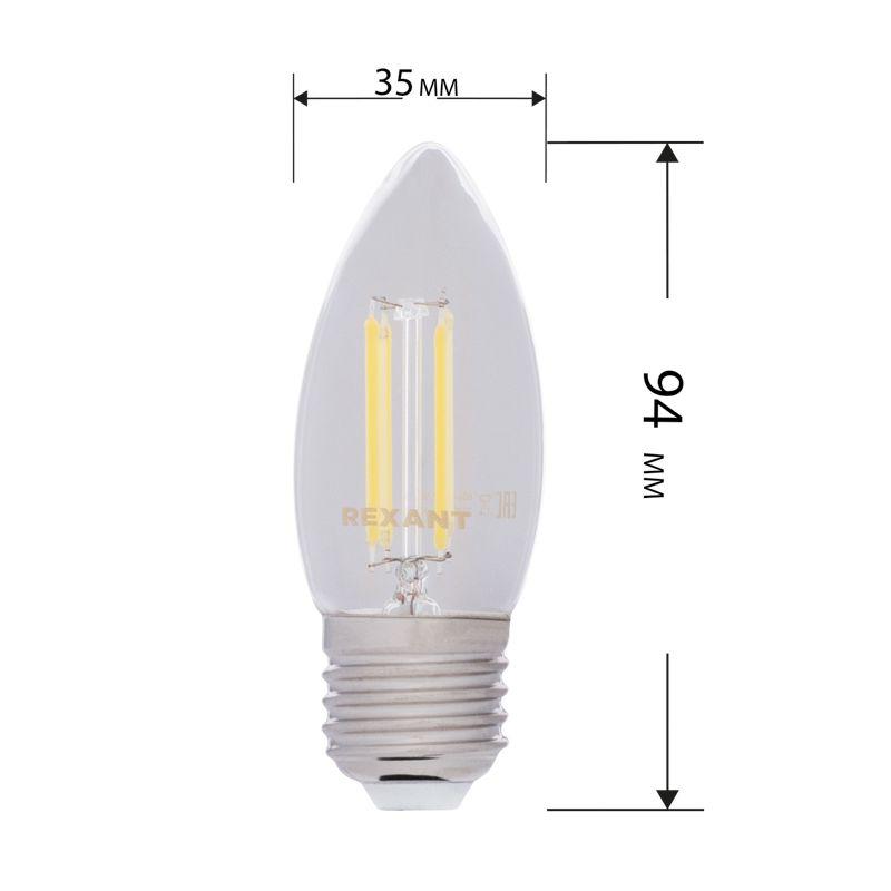 Лампа светодиодная филаментная 7.5Вт CN35 свеча прозрачная 4000К нейтр. бел. E27 600лм диммир. Rexant 604-090