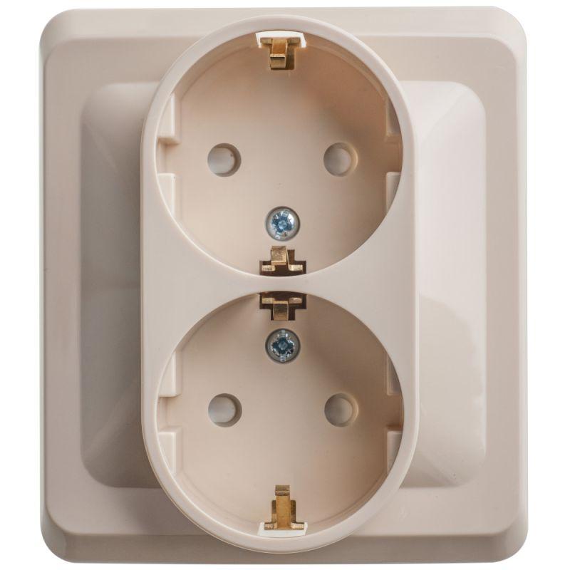 Розетка двойная ЭТЮД цвет кремовый, скрытой установки двухместная с заземлением, с защитными шторками