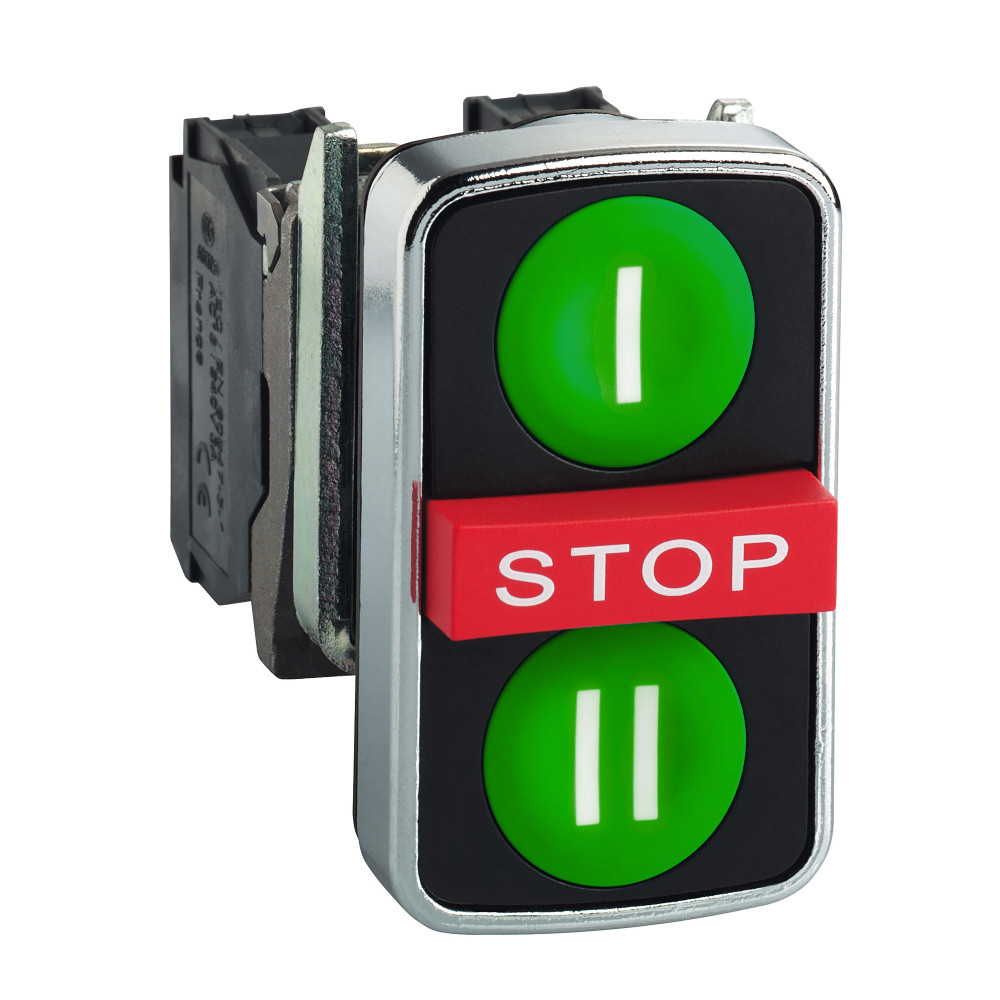 Головка тройной кнопки, металл, Ø22, с маркировкой, зеленый I + красный выступающий STOP + зеленый II