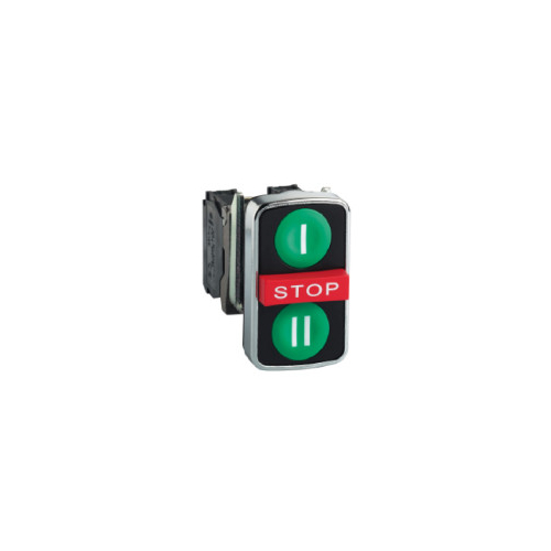 Головка тройной кнопки, металл, Ø22, с маркировкой, зеленый I + красный выступающий STOP + зеленый II
