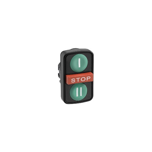 Головка тройной кнопки, пластик, Ø22, с маркировкой, зеленый I + красный STOP + зеленый II