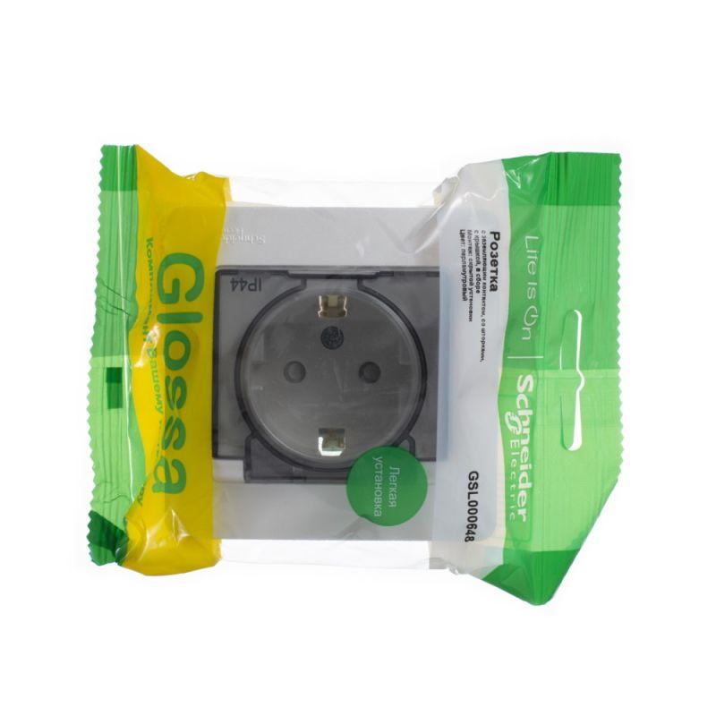 Розетка 1-местная СП Glossa 16А IP44 с заземлением защитные шторки с крышкой в сборе перламутр