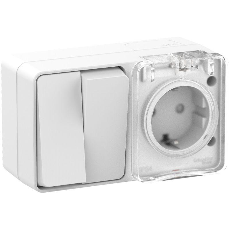 AtlasDesign Profi54 О/У БЛОК: розетка с заземлением со шторками 16А 250B, выключатель двухклавишный IP54 10А, БЕЛЫЙ, Россия (ATN540174)