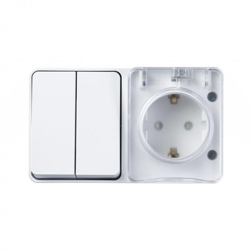 AtlasDesign Profi54 О/У БЛОК: розетка с заземлением со шторками 16А 250B, выключатель двухклавишный IP54 10А, БЕЛЫЙ, Россия (ATN540174)