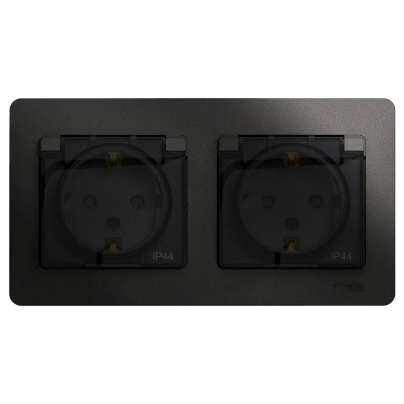 Розетка GLOSSA двойная с заземлением со шторками в сборе IP44 антрацит (GSL000747)