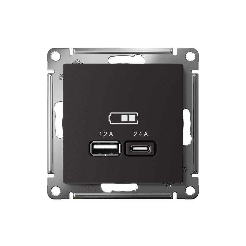 РОЗЕТКА USB ATLASDESIGN A+С, 5В/2,4А, 2х5В/1,2 А, механизм, КАРБОН (ATN001039)