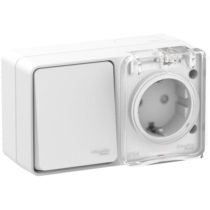 AtlasDesign Profi54 БЛОК: розетка с заземлением со шторками 16А 250B, выключатель одноклавишный IP54 10А, БЕЛЫЙ, Россия (ATN540170)