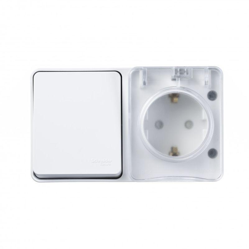 AtlasDesign Profi54 БЛОК: розетка с заземлением со шторками 16А 250B, выключатель одноклавишный IP54 10А, БЕЛЫЙ, Россия (ATN540170)