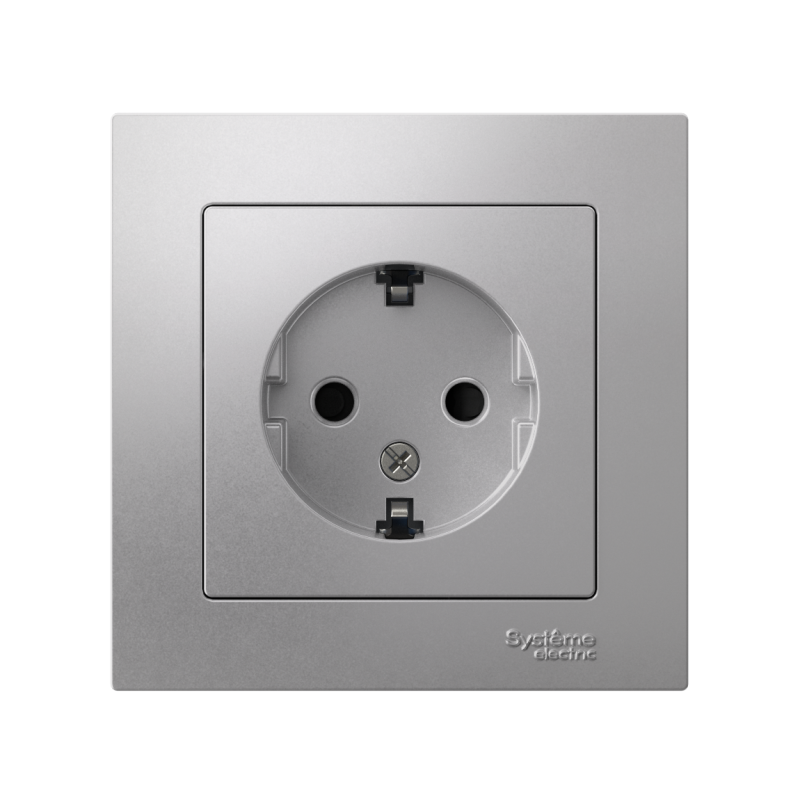 Розетка 1-м СП AtlasDesign 16А IP20 с заземл. защ. шторки в сборе алюм. SchE ATN000344