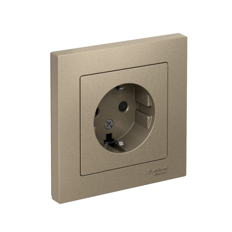 Розетка 1-м СП AtlasDesign 16А IP20 с заземл. защ. шторки в сборе шампань SchE ATN000544
