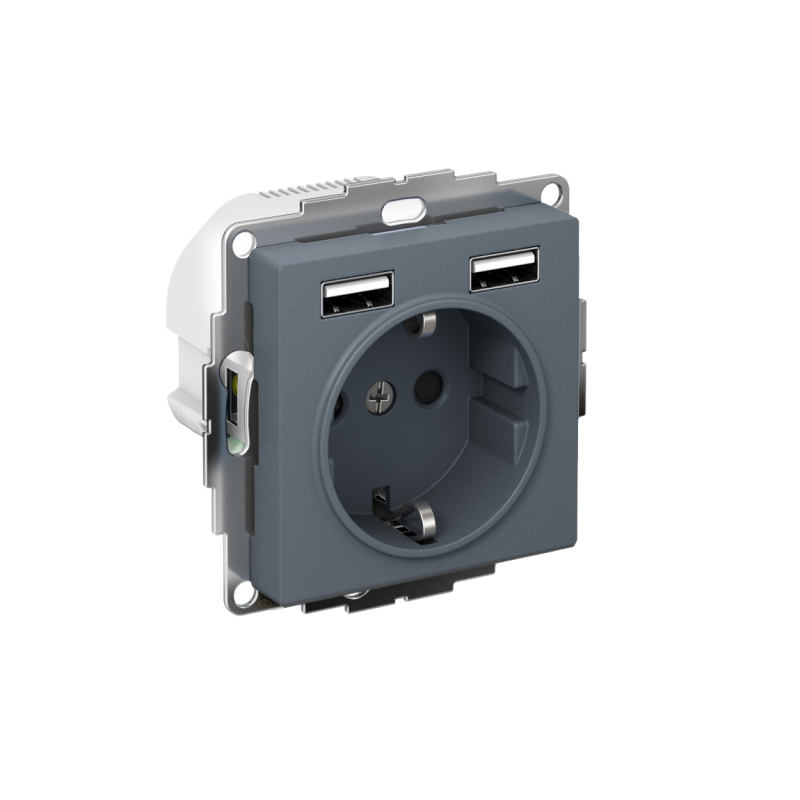 Розетка 3-м СП AtlasDesign 16А IP20 с 2-мя заряд. устройствами USB тип A+A 5В/2.4А 2х5В/1.2А механизм грифель SchE ATN000730