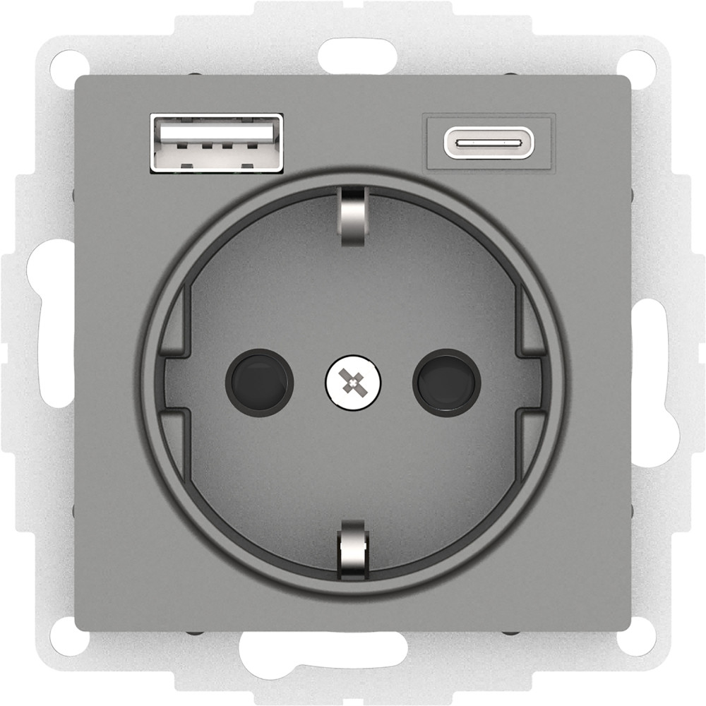 ATLASDESIGN РОЗЕТКА 16А c 2 USB A+C, 5В/2,4А/3,0А, 2х5В/1,5А, механизм, СТАЛЬ (ATN000932)