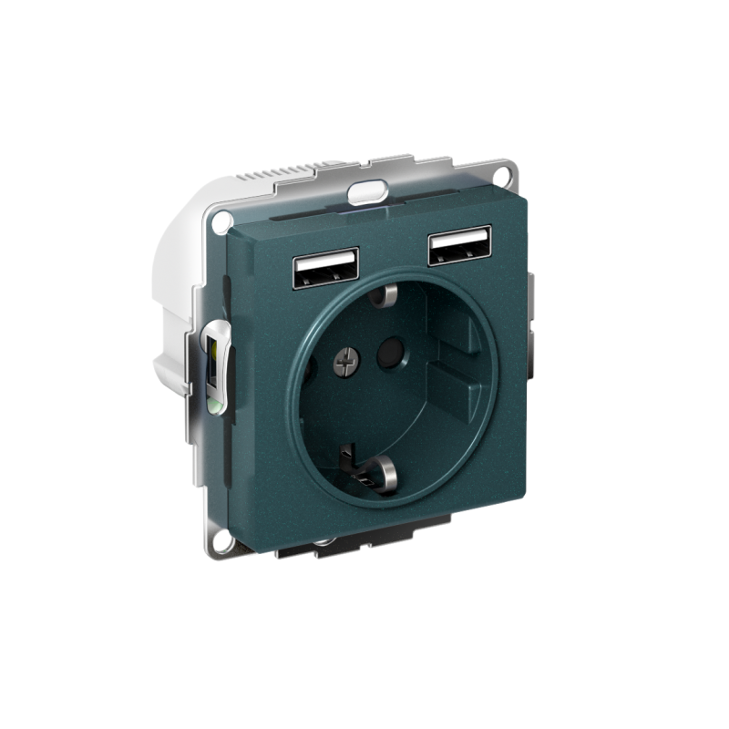 РОЗЕТКА ATLASDESIGN 16А c 2 USB A+A, 5В/2,4 А, 2х5В/1,2 А, механизм, ИЗУМРУД (ATN000830)