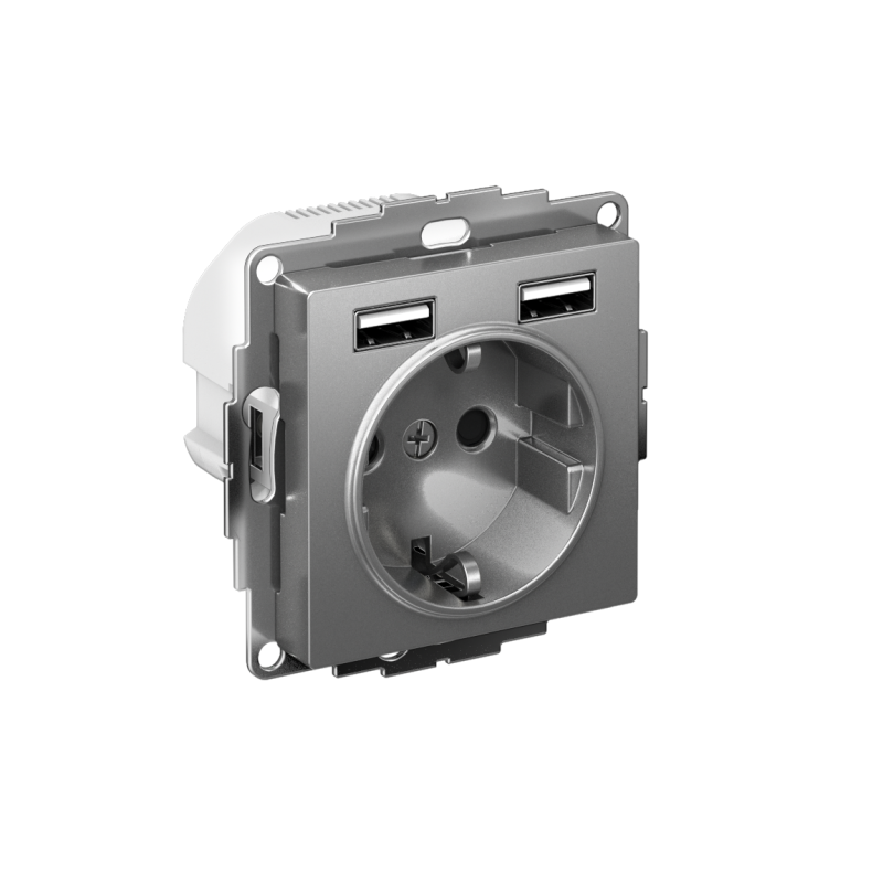 РОЗЕТКА ATLASDESIGN 16А c 2 USB A+A, 5В/2,4 А, 2х5В/1,2 А, механизм, СТАЛЬ (ATN000930)