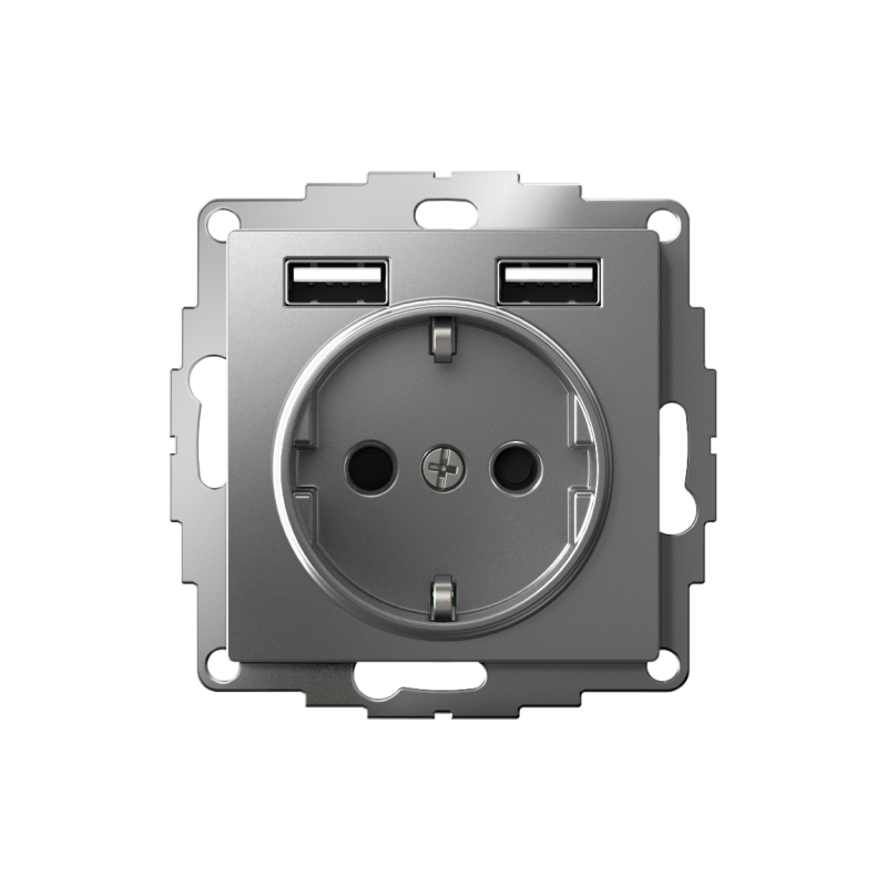 РОЗЕТКА ATLASDESIGN 16А c 2 USB A+A, 5В/2,4 А, 2х5В/1,2 А, механизм, СТАЛЬ (ATN000930)