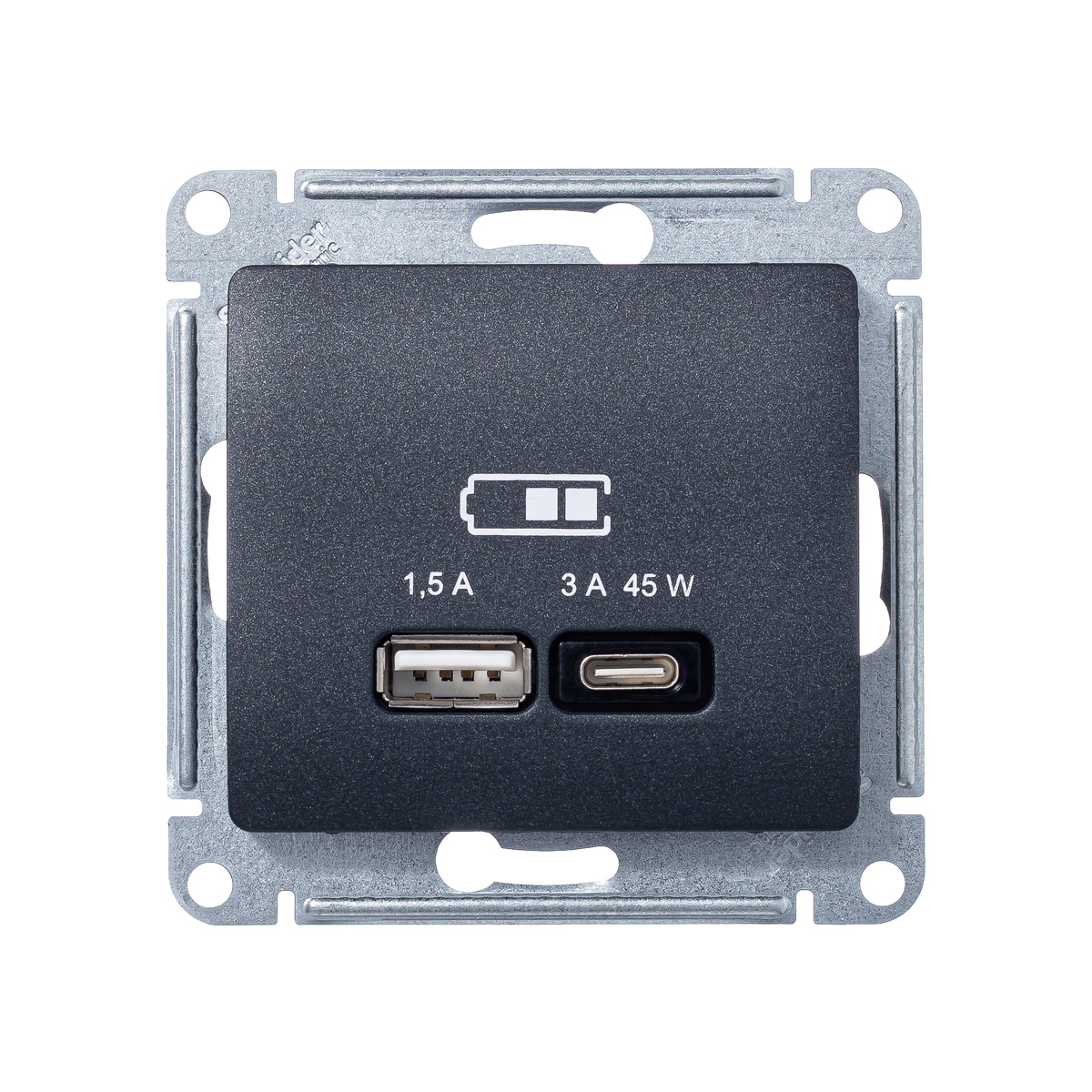 GLOSSA USB РОЗЕТКА A + тип-C 45W высокоскор.заряд. QC, PD, механизм, АНТРАЦИТ (GSL000729)