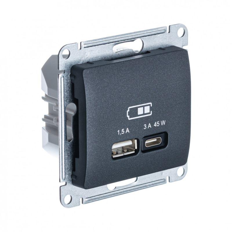 GLOSSA USB РОЗЕТКА A + тип-C 45W высокоскор.заряд. QC, PD, механизм, АНТРАЦИТ (GSL000729)
