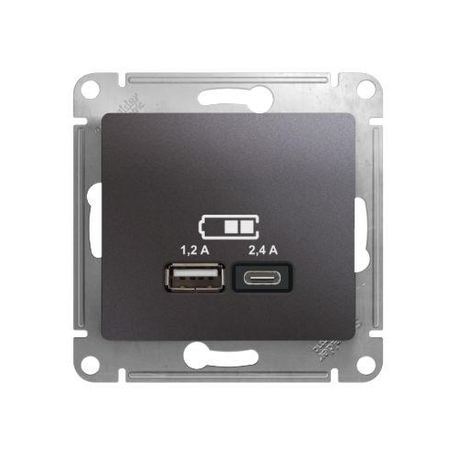 GLOSSA USB РОЗЕТКА A+С, 5В/2,4А, 2х5В/1,2 А, механизм, ГРАФИТ (GSL001339)