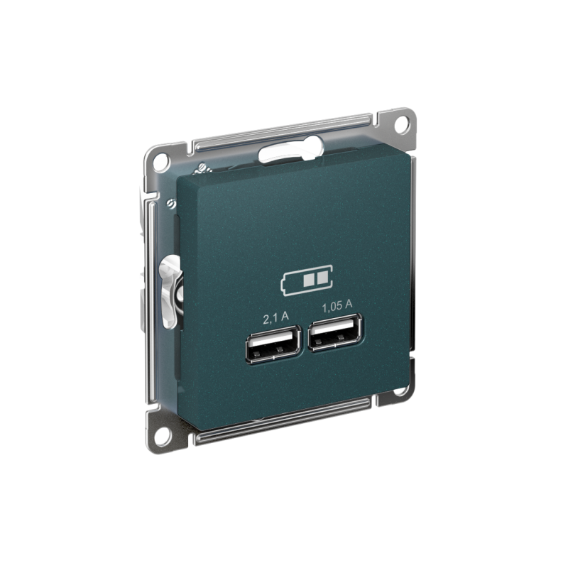 Розетка ATLASDESIGN USB 5В 1 порт x 2,1 А 2 порта х 1,05 А механизм изумруд (ATN000833)