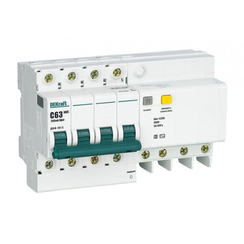 Выключатель автоматический дифференциальный АВДТ со встроенной защитой от сверхтоков 4P 63A 300мА селективный ДИФ-101 S (15319DEK)