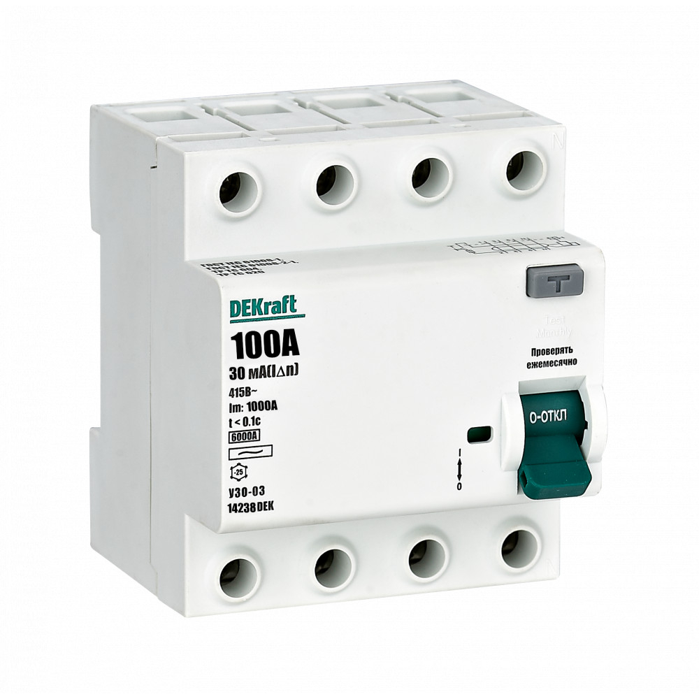 ВДТ 4P 100A 30мА тип AC 6кА УЗО-03 (14238DEK)