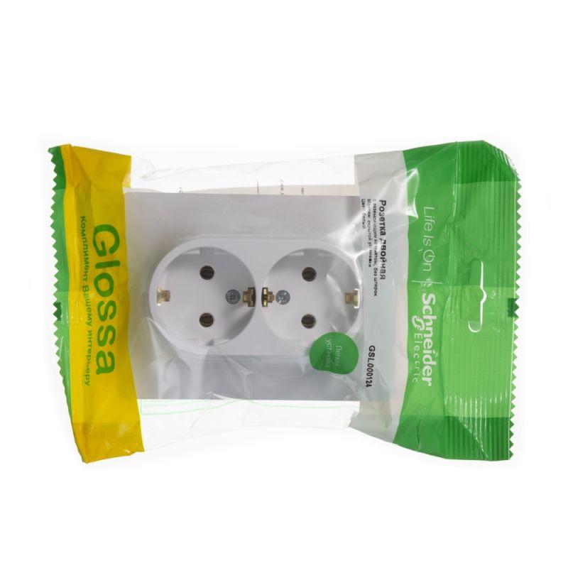 Розетка 2-местная СП Glossa 16А IP20 с заземлением в сборе белый SchE GSL000124