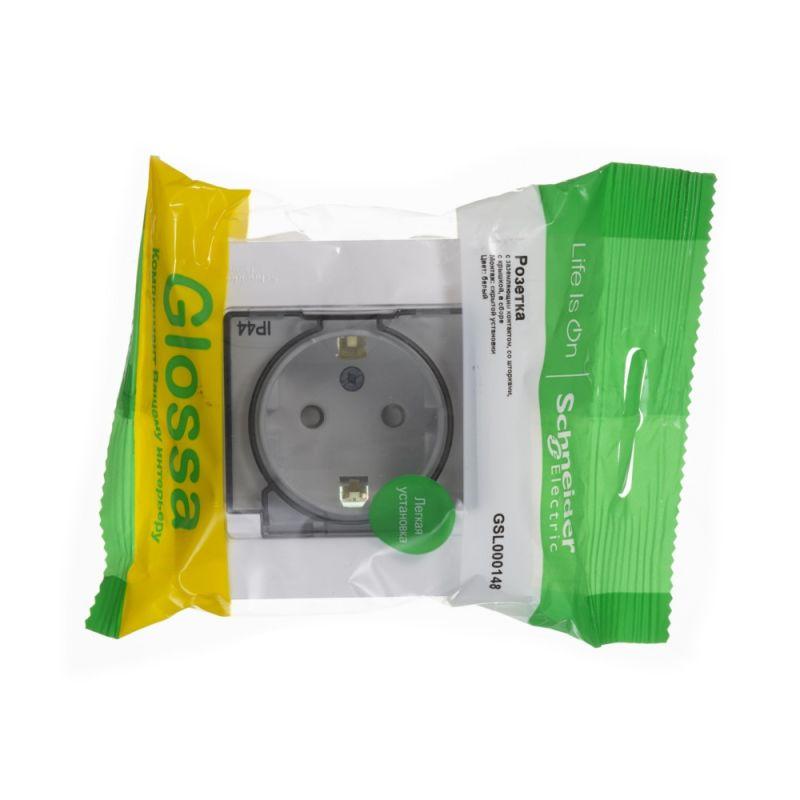 Розетка 1-м СП Glossa 16А IP44 с заземл. защ. шторки с крышкой в сборе бел. SchE GSL000148