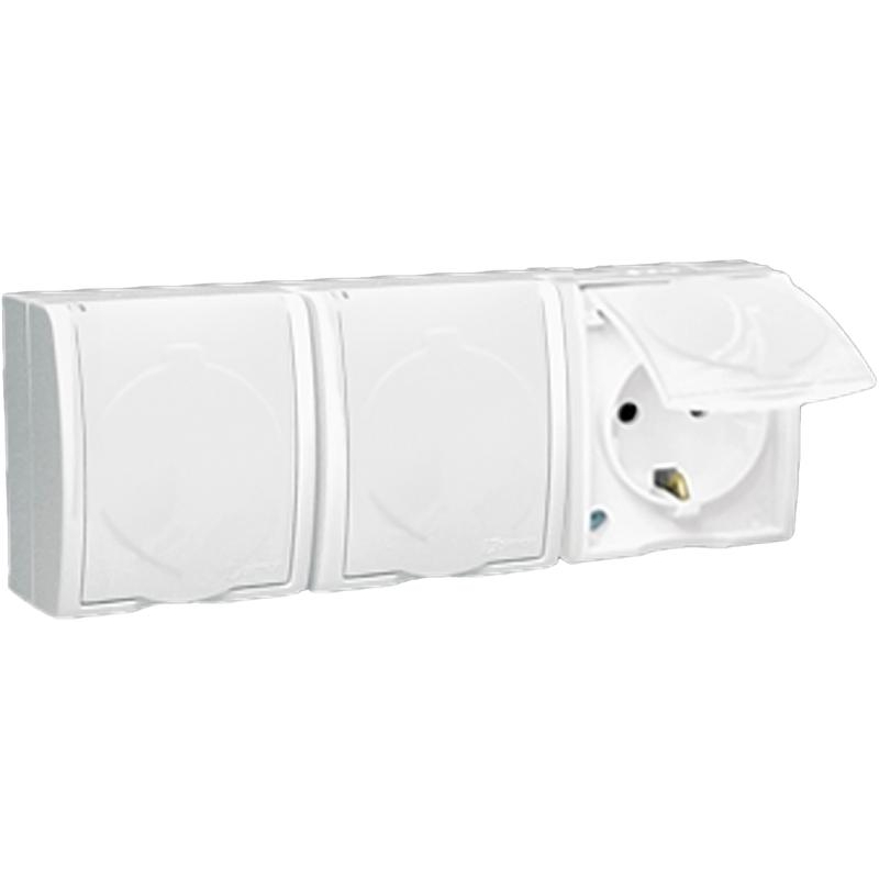 Розетка 3-м ОП Simon15 16А IP54 250В с заземл. Schuko защ. шторки с крышкой винт. клеммы бел. Simon 1594447-030