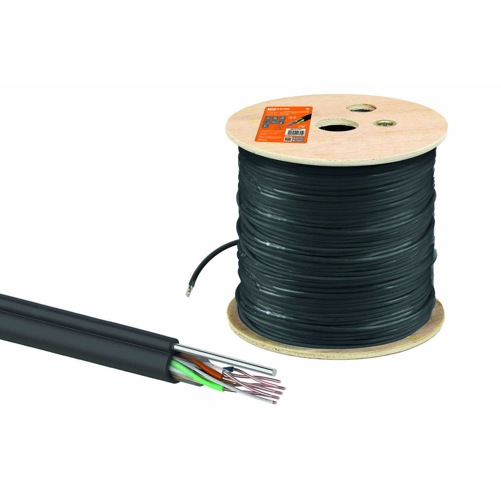 Кабель витая пара U/UTP Cat 5e 4х2х24AWG (305м) solid, PE для наружн. прокл., чёрный, трос 1,2мм TDM