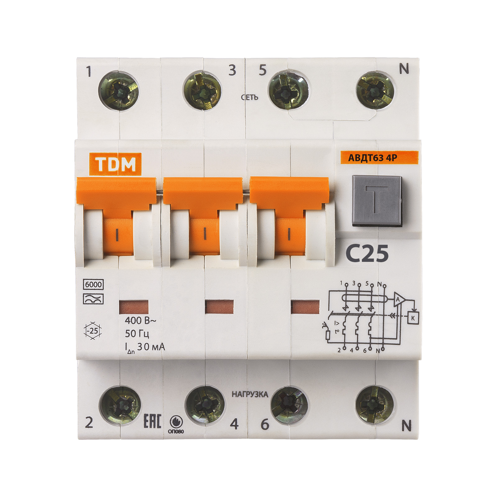 АВДТ 63 4P(3Р+N C25 30мА 6кА тип А - Автоматический Выключатель Дифференциального тока TDM