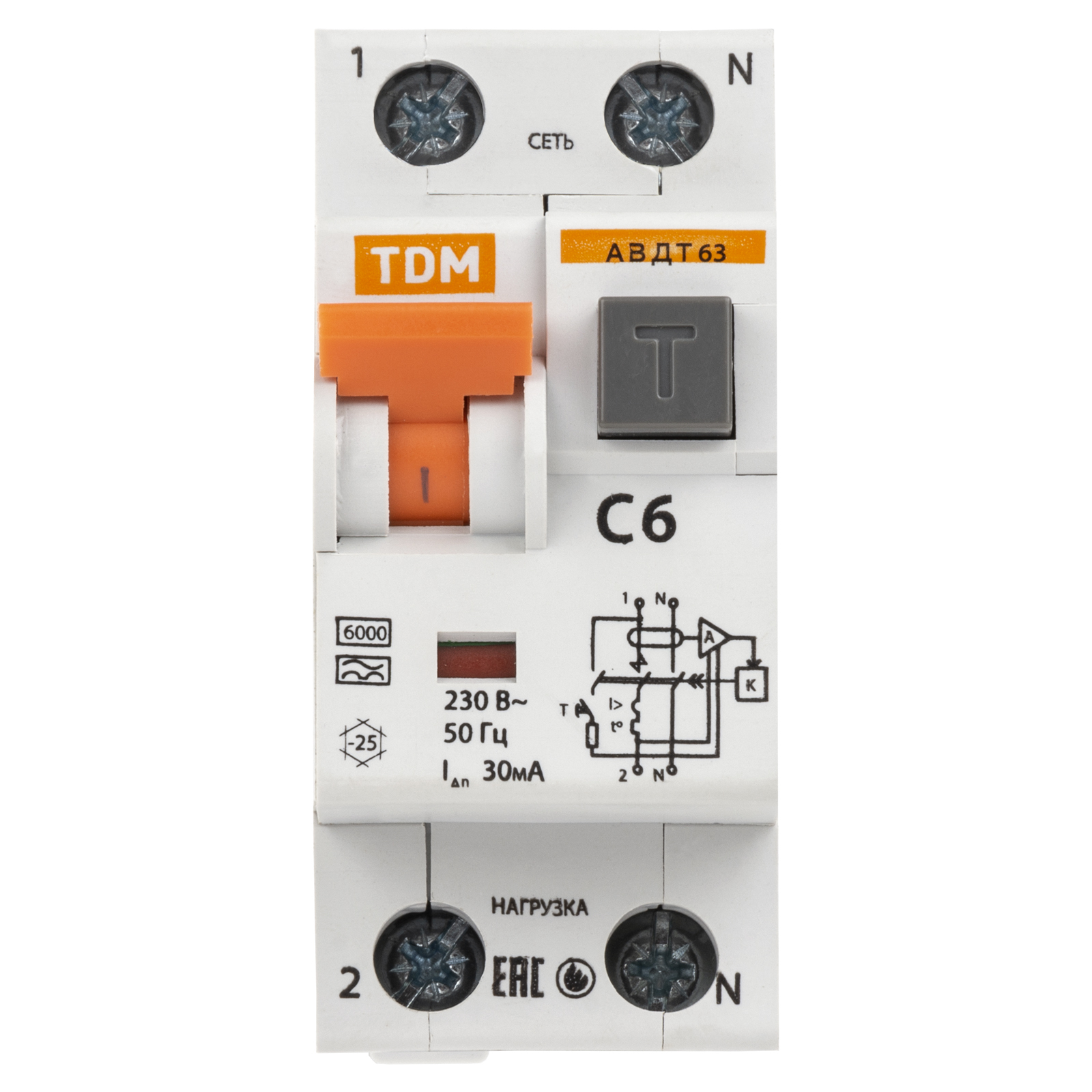 АВДТ 63 2Р(1Р+N) C6 30мА 6кА тип А - Автоматический Выключатель Дифференциального тока TDM