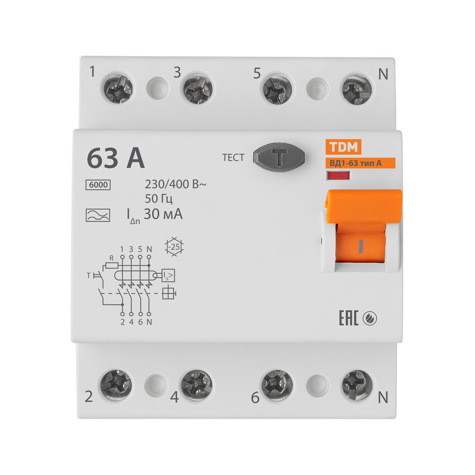 Устройство защитного отключения ВД1-63 4Р 63А 30мА тип А TDM
