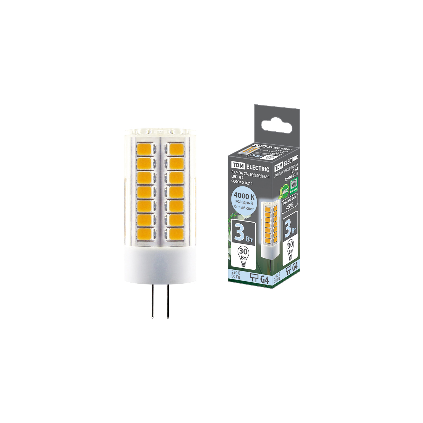 Лампа светодиодная G4-3 Вт-230 В-4000 К, SMD, 16x43 мм TDM