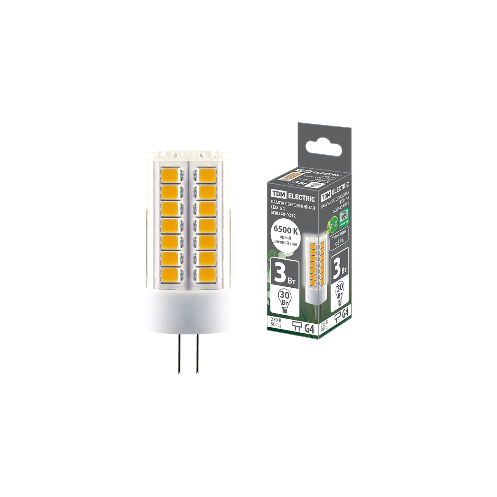 Лампа светодиодная G4-3 Вт-230 В-6500 К, SMD, 16x43 мм TDM