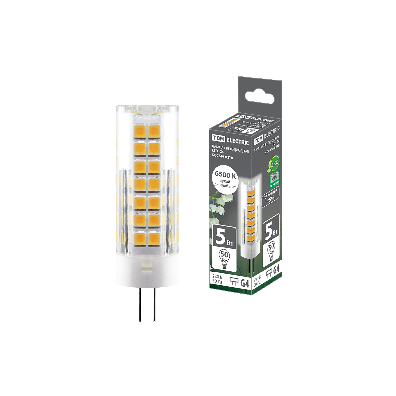 Лампа светодиодная G4-5 Вт-230 В-6500 К, SMD, 16x55 мм TDM