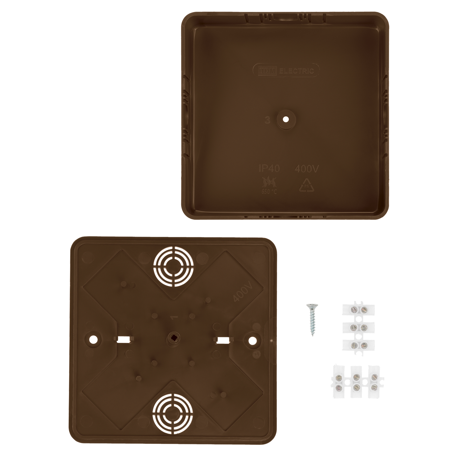Коробка распаячная КР 100х100х29 ОП бук, с клем. колодкой, IP40, инд. штрихкод TDM