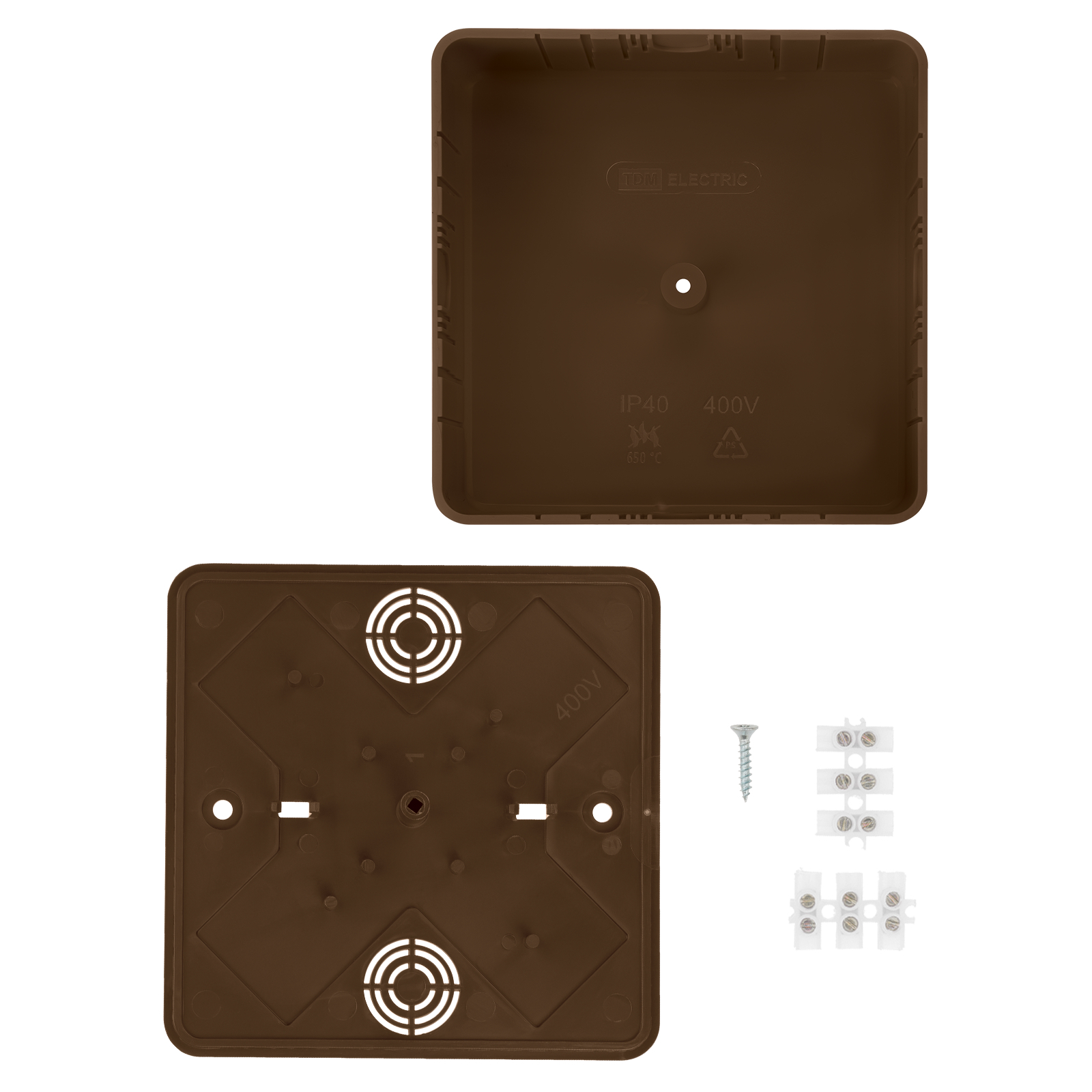 Коробка распаячная КР 100х100х44 ОП бук, с клем. колодкой, IP40, инд. штрихкод TDM