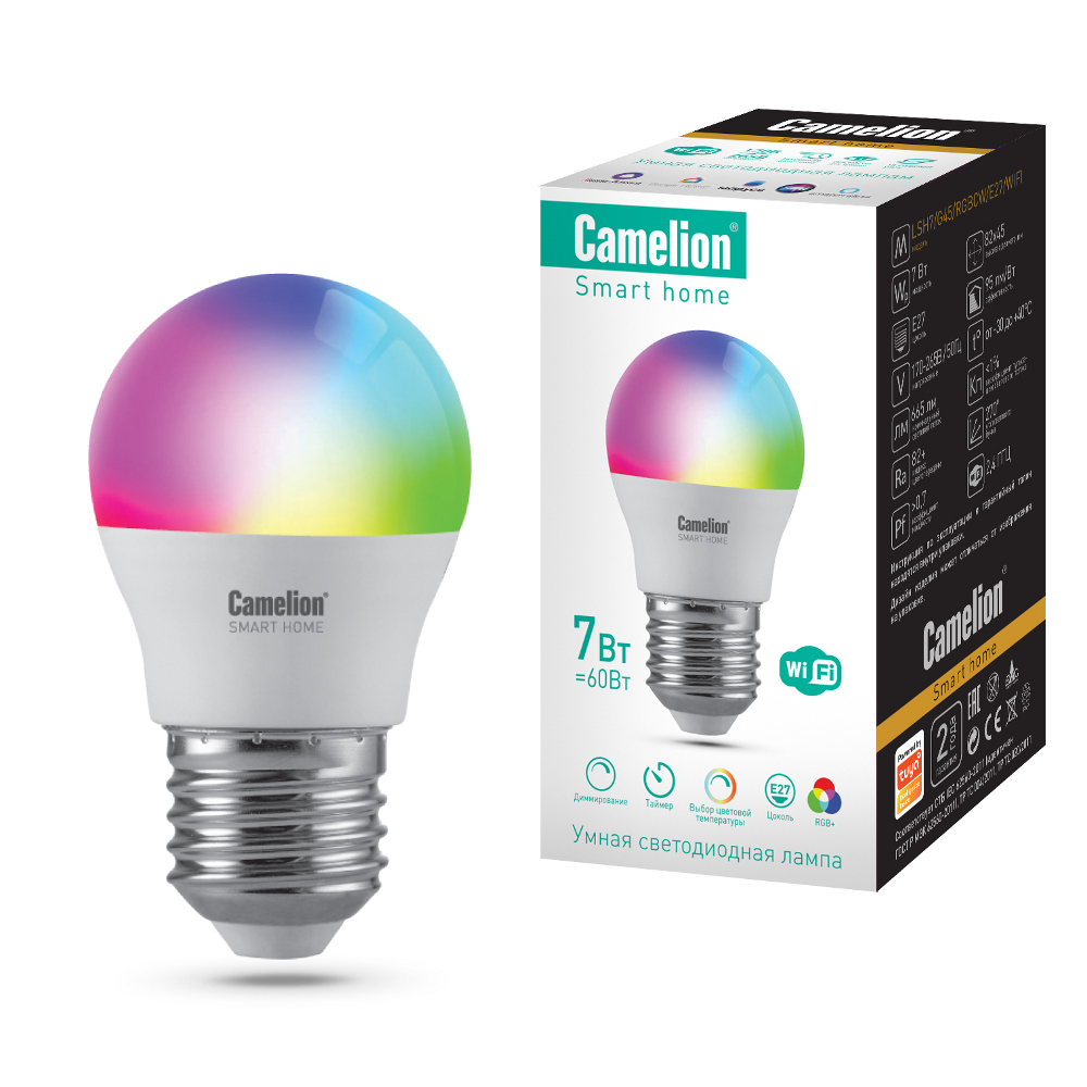 Camelion Smart Home LSH7/G45/RGBСW/Е27/WIFI (Эл.лампа светодиодная 7Вт Е27 RGB+DIM+CW 220В WiFi)