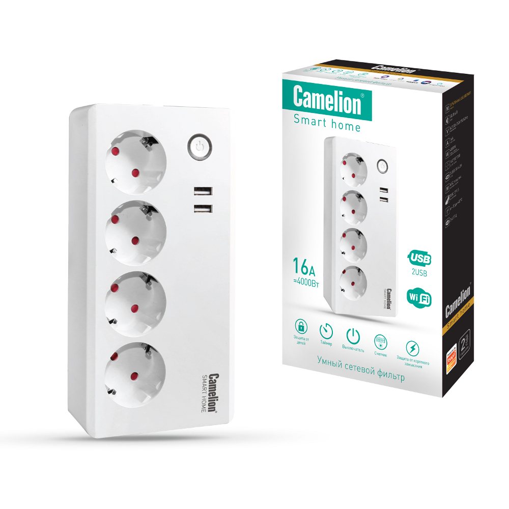 Camelion Smart Home SPS/SH/4х1,5/USB/WIFI (Сетевой фильтр 4гн. 1,5м.,16A 3680В, 2USB, WiFi+Контроль)