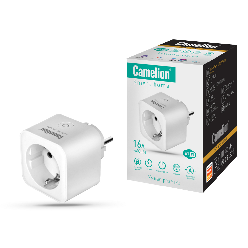 Camelion Smart Home BNS/SH-1/16A/WIFI (Розетка одинарная 16A 3680В, WiFi+Счетчик+Контроль)