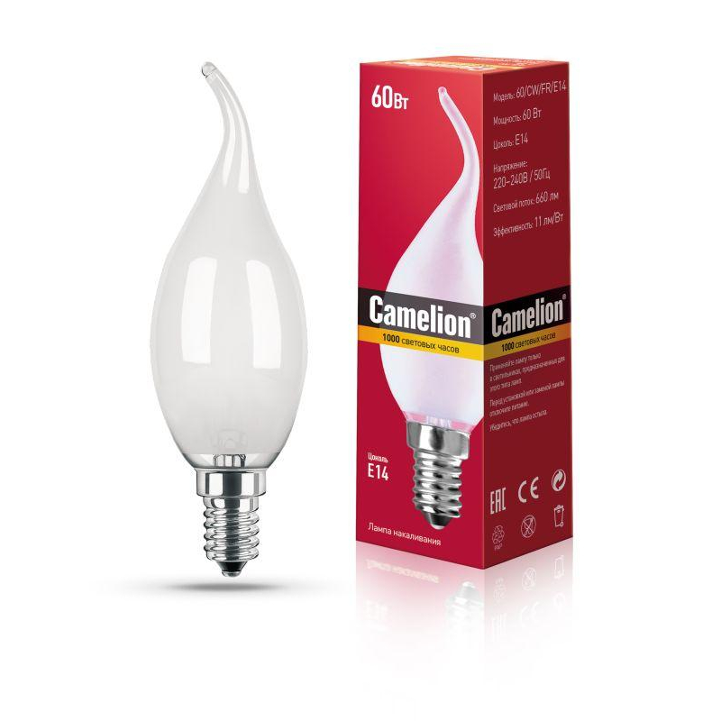 MIC Camelion 60/CW/FR/E14 (Эл.лампа накал.с матовой колбой, свеча на ветру)