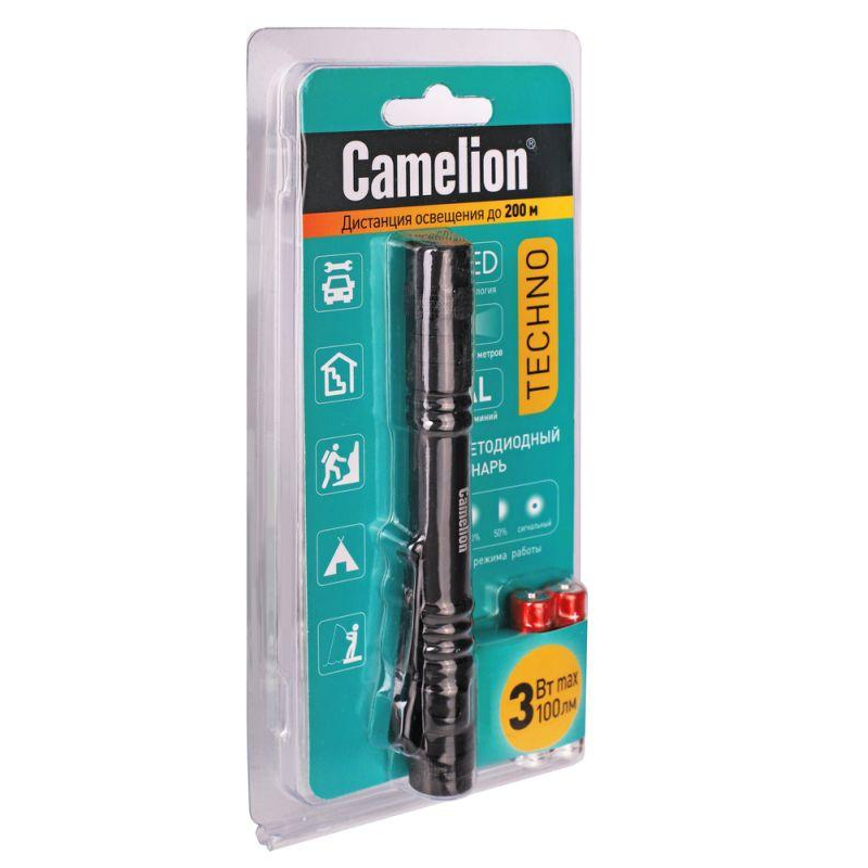Camelion LED51517 (фонарь, черн., LED XPE, 3 реж 2XLR03 в компл., алюм., откр. блистер)