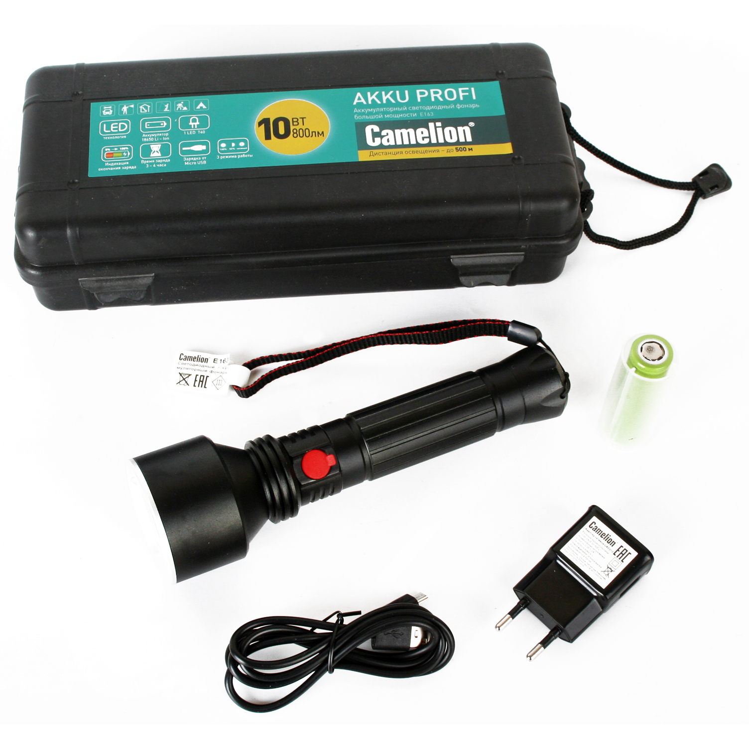 Camelion E163 (фонарь аккум. 3,7В, черный, T40 LED, 10 Ватт, 3 реж., алюминий, бокс)