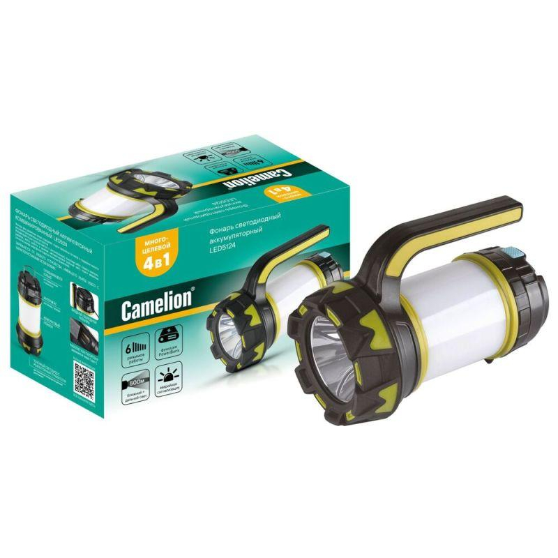 Camelion LED5124 (фонарь акк. черн/зел, USB2.0, Micro USB, Powerbank, 5Вт, 4,4 А-ч, пластик, кор.)