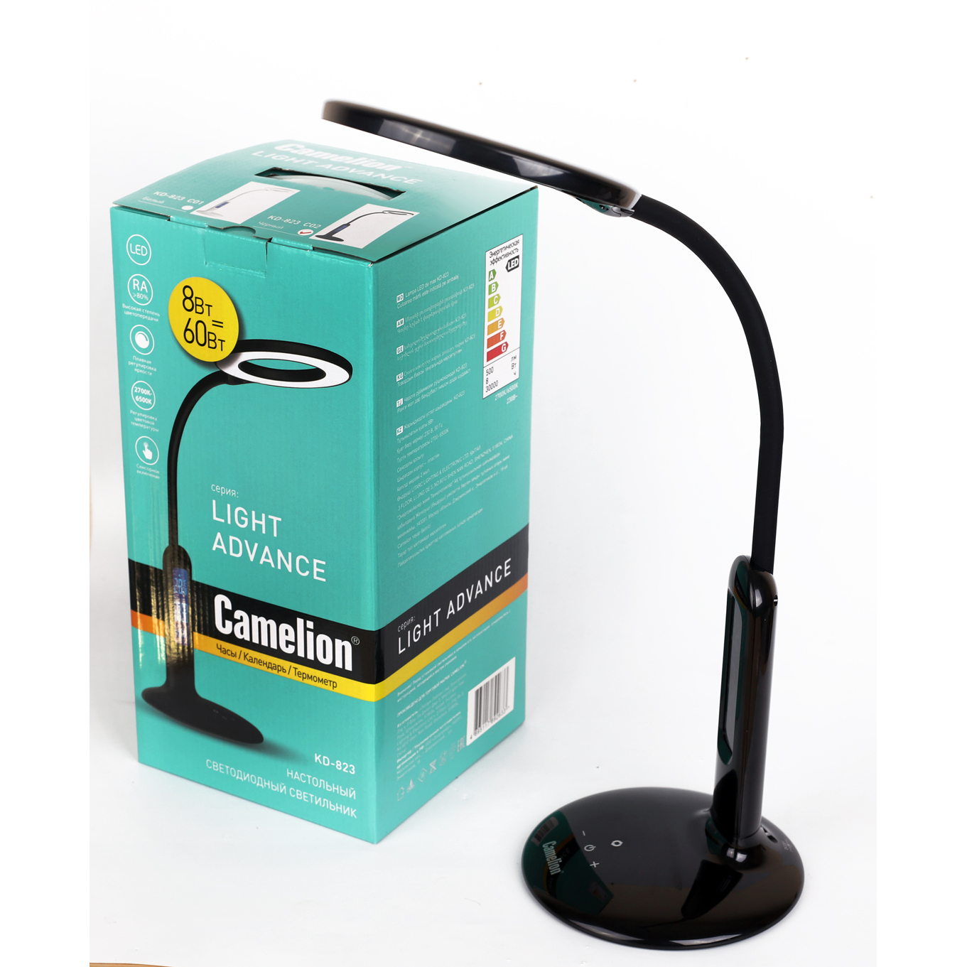 Camelion KD-823 C02 черн.LED (Свет-к наст.,8 Вт,230В, 500лм,сенс, термометр, рег.ярк и цвет.темп.)