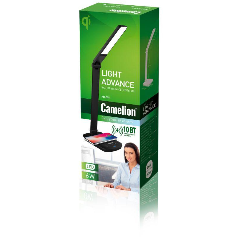 Camelion KD-825 C02 черн.LED (Свет-к наст.с беспроводн.зарядкой,16 Вт,230В, 380лм,4500К, рег.ярк.)
