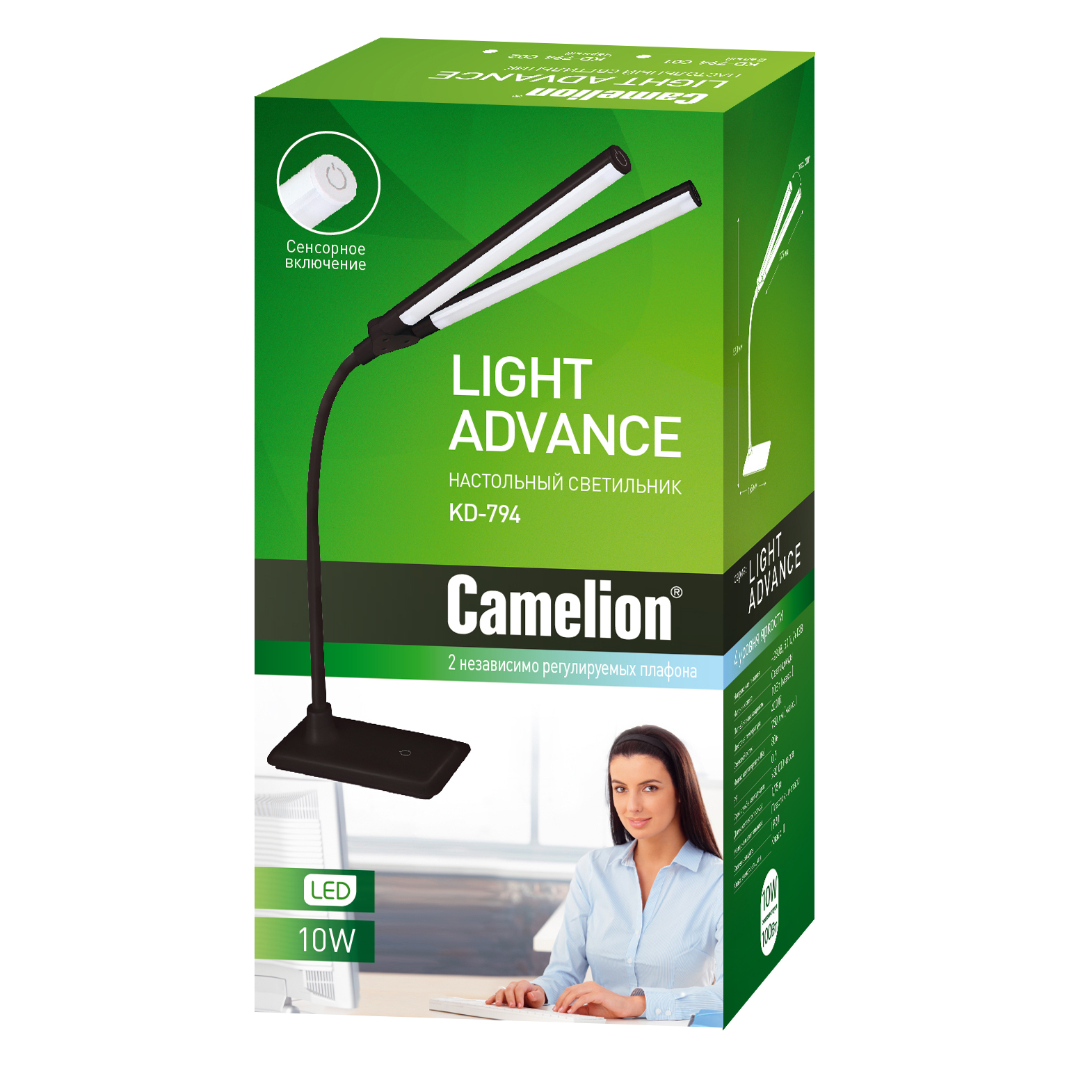 Camelion KD-794 C01 белый LED(Свет-к наст.,10 Вт, 2 плаф.,230В, сенс.вкл-е, 4 ур.ярк,4000К)