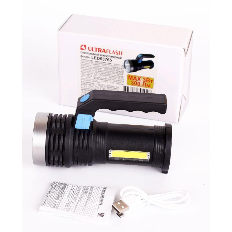 Ultraflash LED53765 (фонарь акк 4В, черн., 2LED, 3 Вт, 4 реж, USB, бокс са)