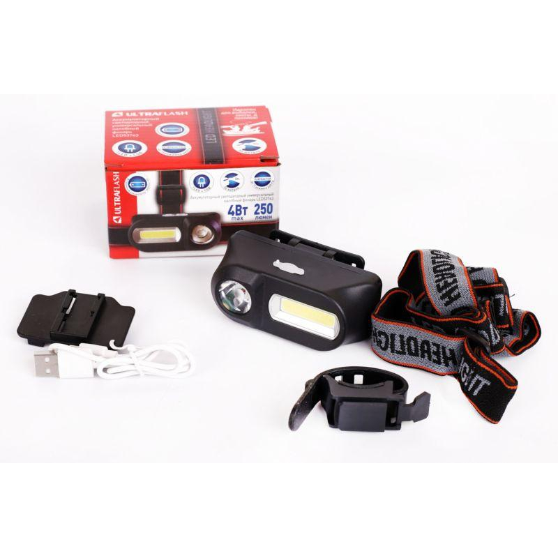 Ultraflash LED53763 (фонарь налоб.аккум 3,7В, черный, XPE + COB LED, 3+3 Ватт, 1 реж., крепл., бокс)