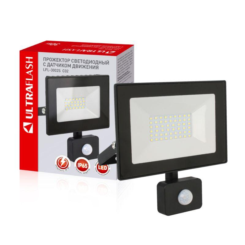Ultraflash LFL-3002S C02 черный (LED прожектор с датчиком, 30 Вт, 230В, 6500К)